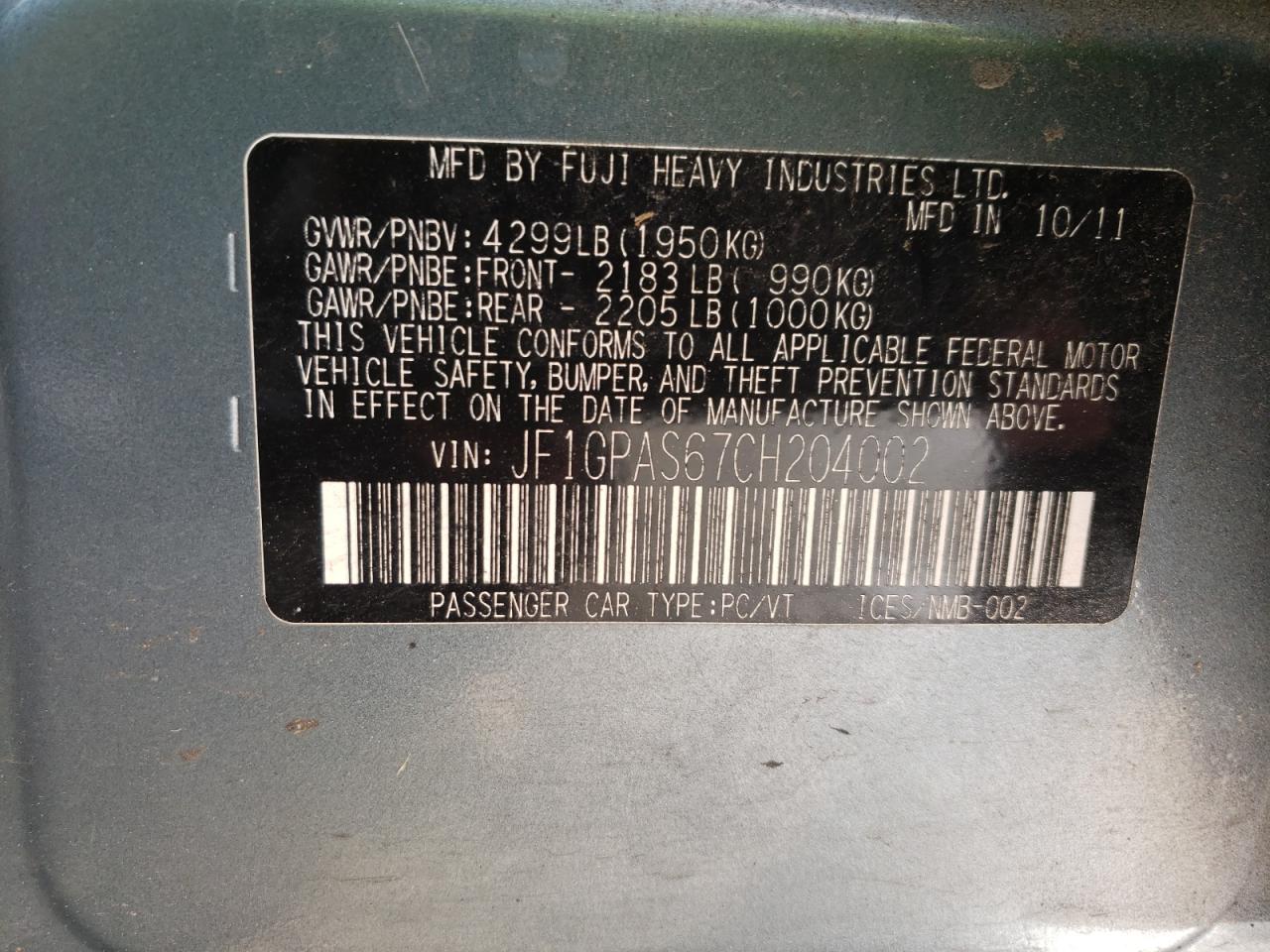 Photo 10 from auction – 2012 SUBARU IMPREZA SP with VIN JF1GPAS67CH204002