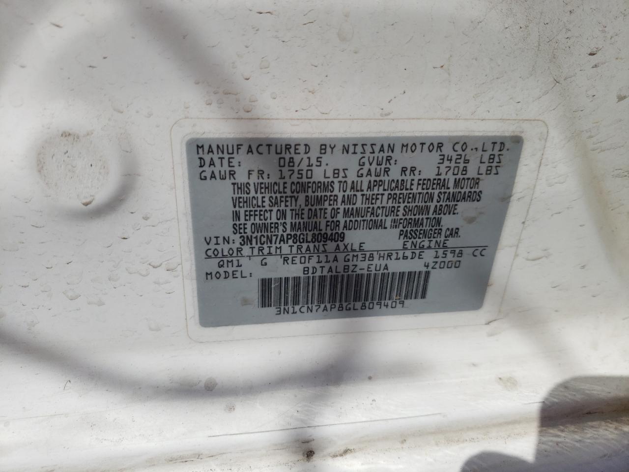 صورة رقم 10 من المزاد - 2016 NISSAN VERSA S مع VIN 3N1CN7AP8GL809409