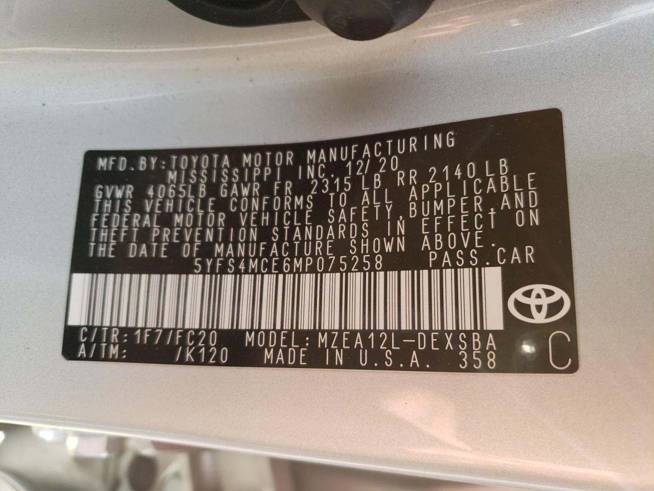 Photo 10 from auction – 2021 TOYOTA COROLLA SE with VIN 5YFS4MCE6MP075258