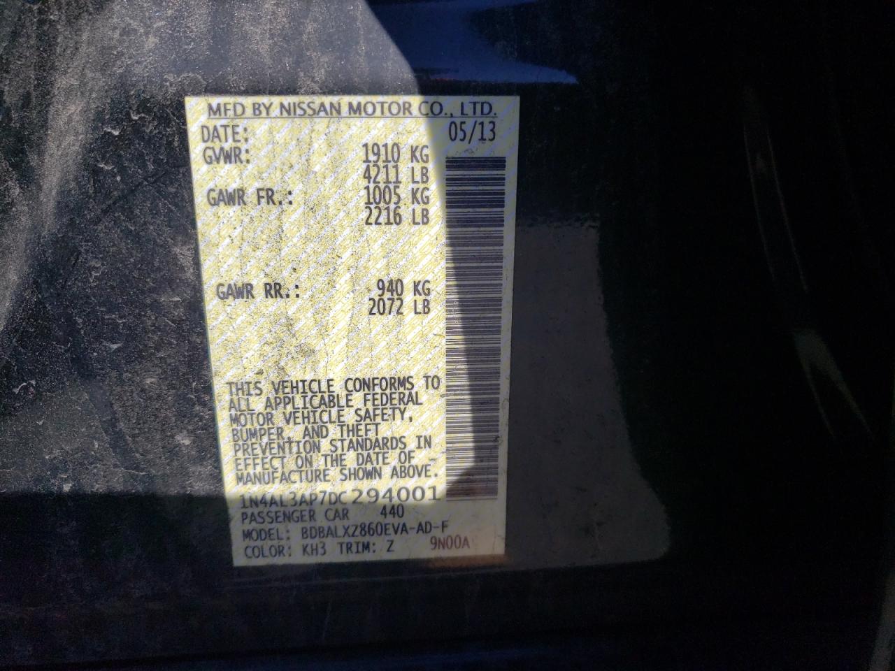 Photo 10 from auction – 2013 NISSAN ALTIMA 2.5 with VIN 1N4AL3AP7DC294001