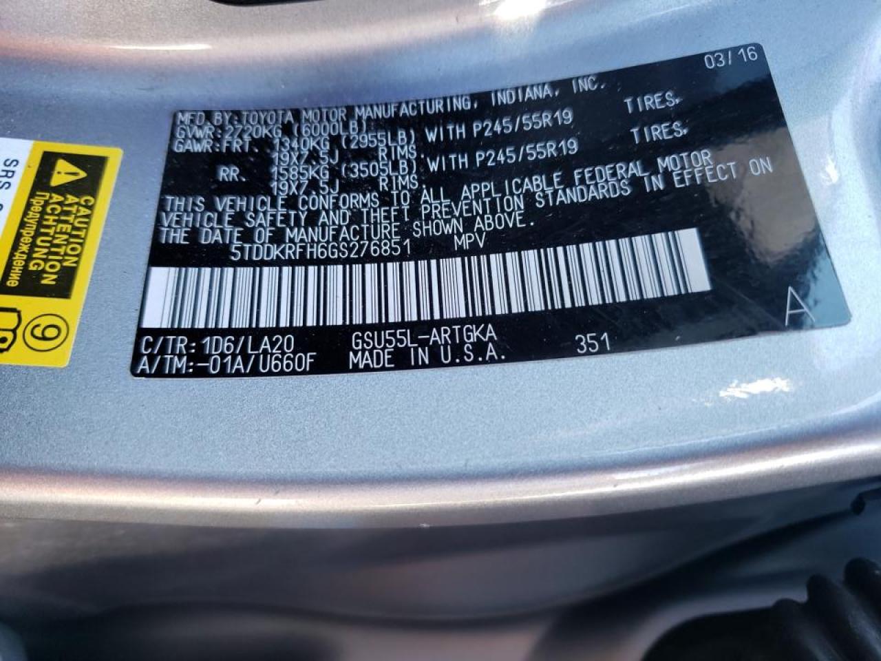 Photo 10 from auction – 2016 TOYOTA HIGHLANDER with VIN 5TDDKRFH6GS276851