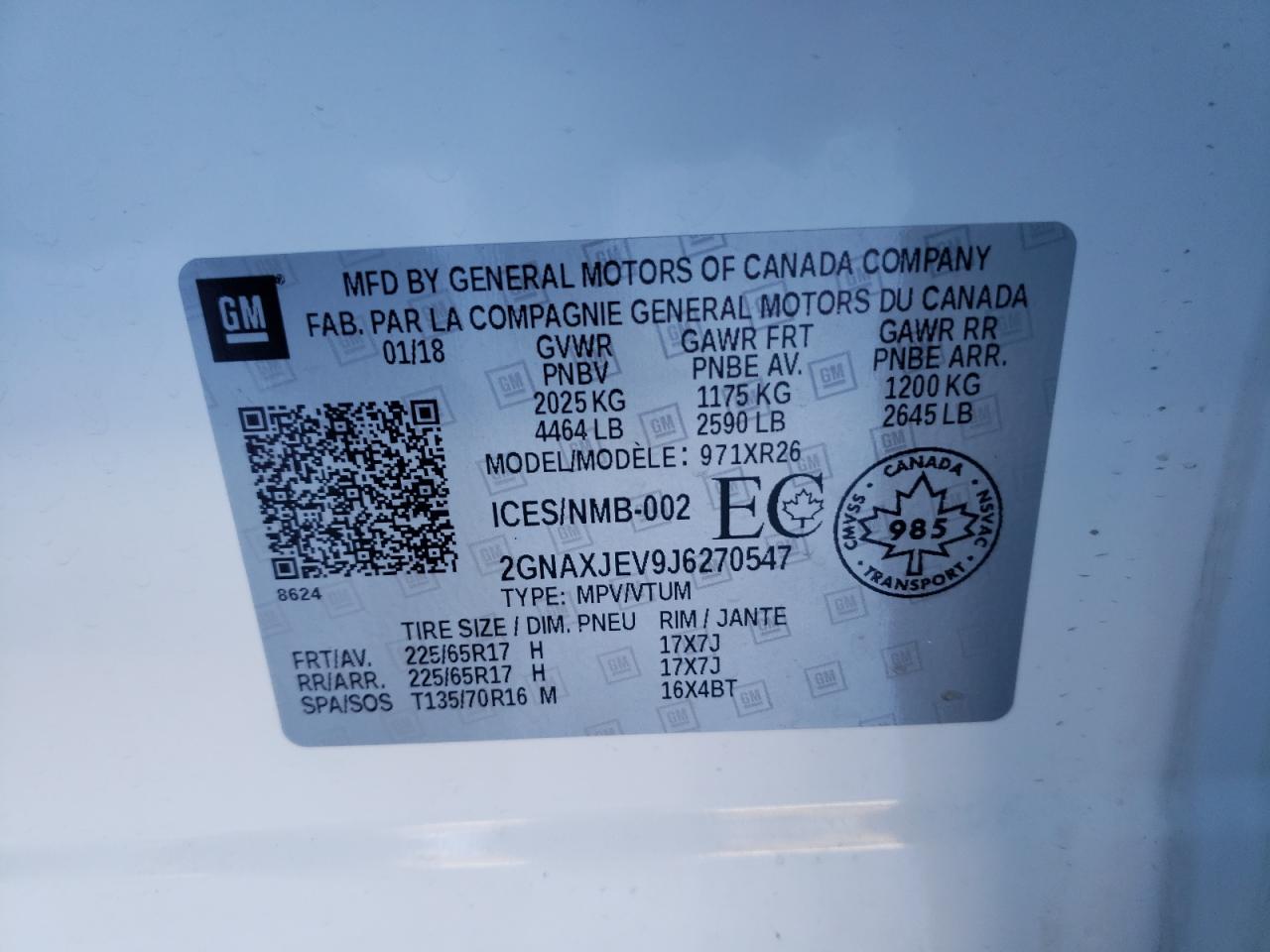 Photo 10 from auction – 2018 CHEVROLET EQUINOX LT with VIN 2GNAXJEV9J6270547