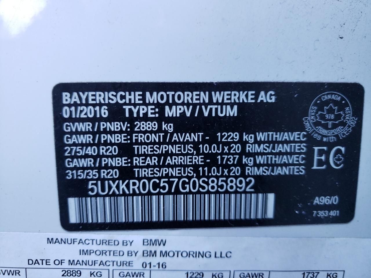 Photo 10 from auction – 2016 BMW X5 XDRIVE3 with VIN 5UXKR0C57G0S85892
