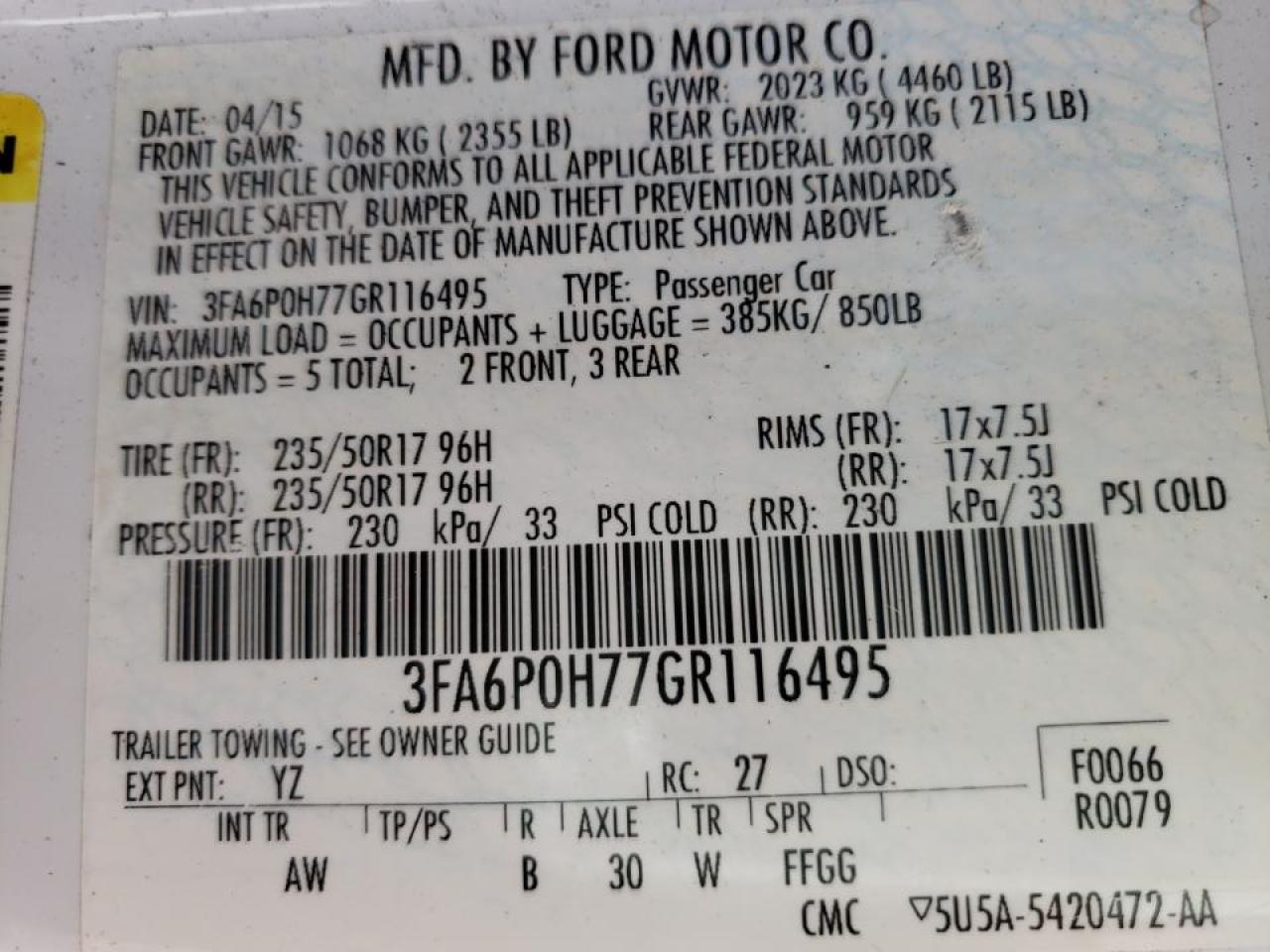 Photo 10 from auction – 2016 FORD FUSION SE with VIN 3FA6P0H77GR116495