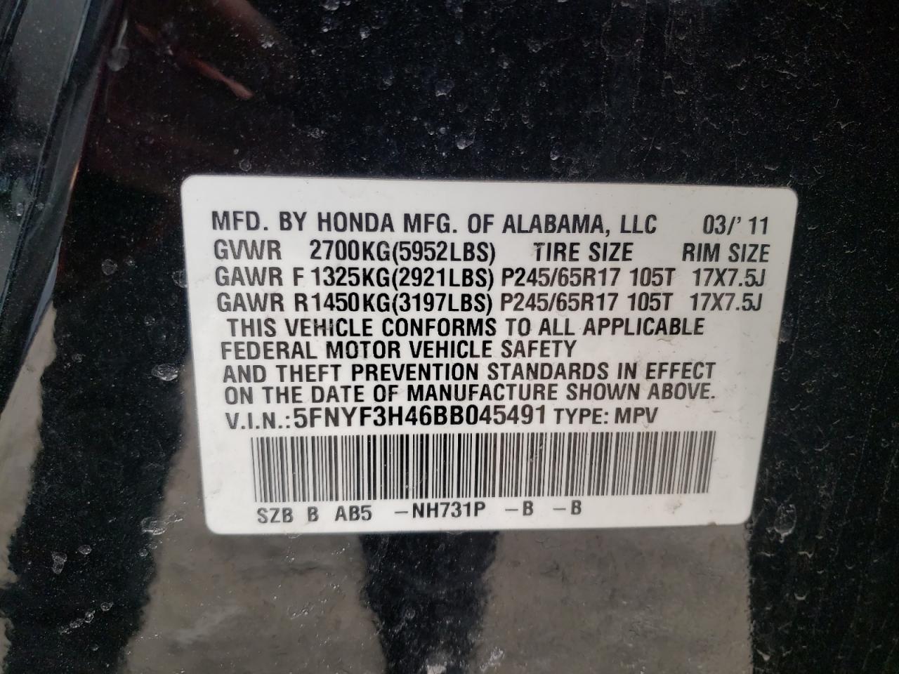 Photo 10 from auction – 2011 HONDA PILOT EX with VIN 5FNYF3H46BB045491