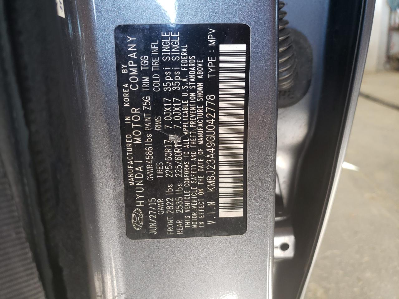 Photo 10 from auction – 2016 HYUNDAI TUCSON SE with VIN KM8J23A49GU042778