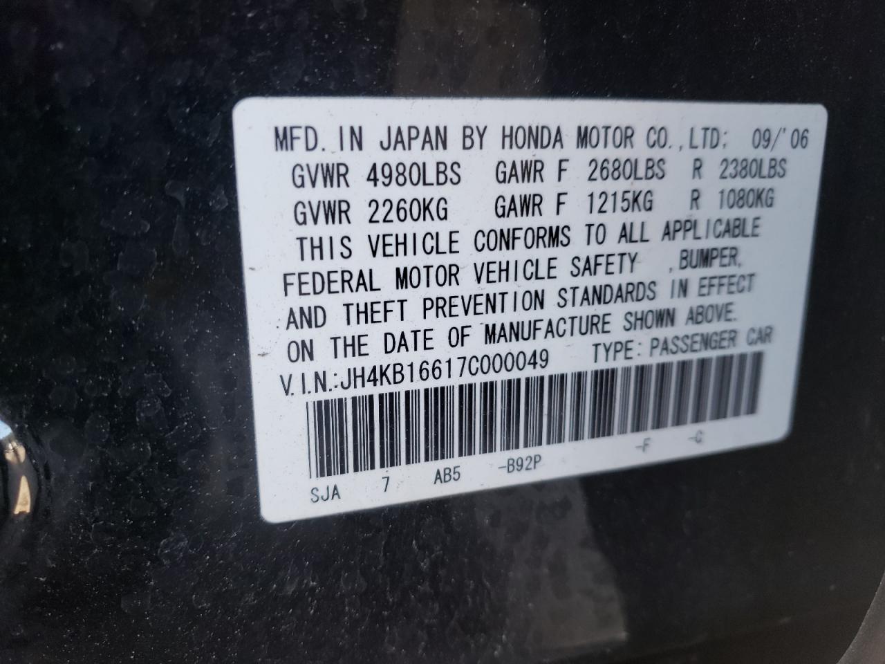 Photo 10 from auction – 2007 ACURA RL with VIN JH4KB16617C000049