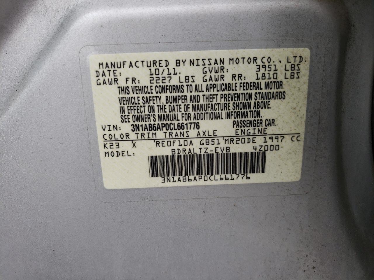 Photo 10 from auction – 2012 NISSAN SENTRA 2.0 with VIN 3N1AB6AP0CL661776