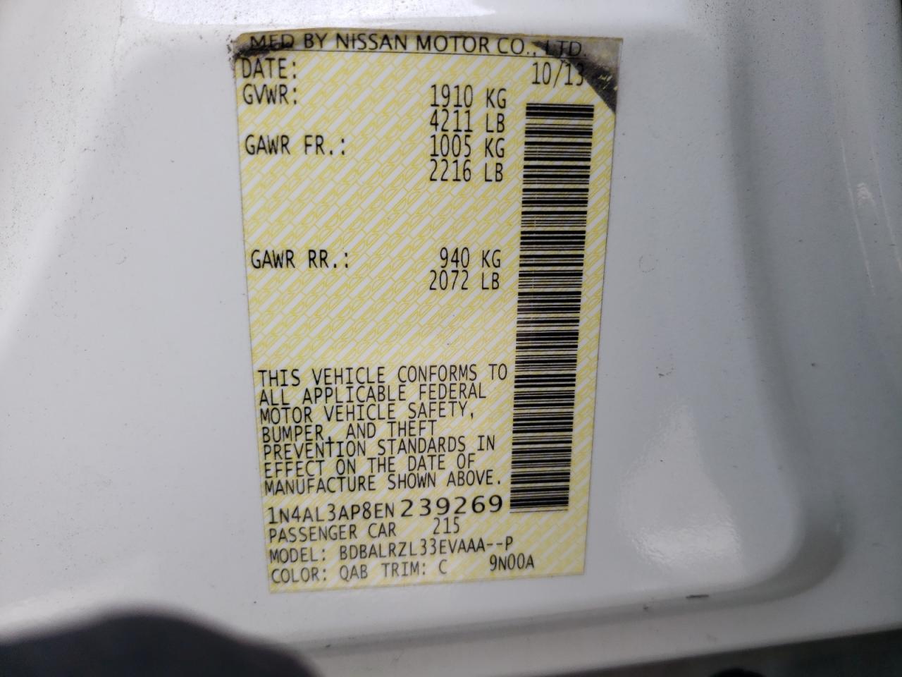 Photo 10 from auction – 2014 NISSAN ALTIMA 2.5 with VIN 1N4AL3AP8EN239269