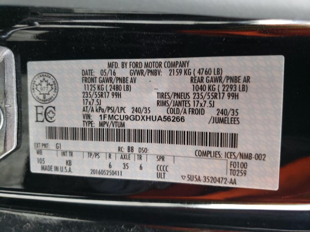 Photo 10 from auction – 2017 FORD ESCAPE SE with VIN 1FMCU9GDXHUA56266