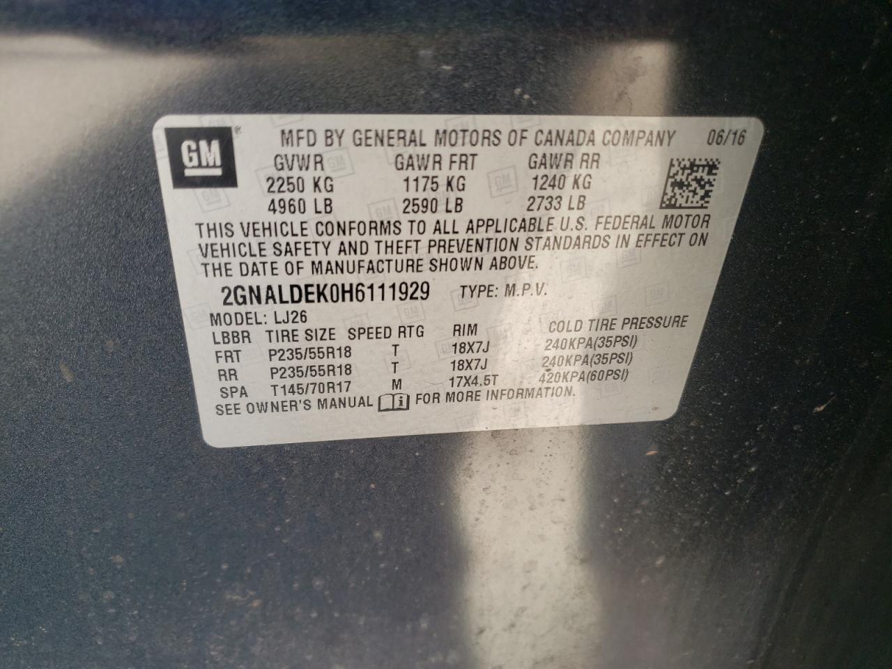 Photo 10 from auction – 2017 CHEVROLET EQUINOX PR with VIN 2GNALDEK0H6111929
