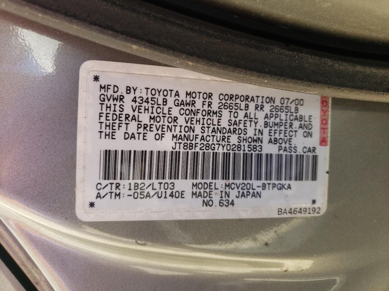 Фото 10 с аукциона – 2000 LEXUS ES 300 с VIN JT8BF28G7Y0281583
