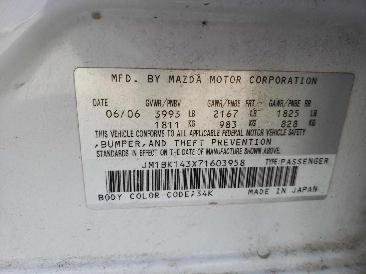 Photo 10 from auction – 2007 MAZDA 3 HATCHBAC with VIN JM1BK143X71603958