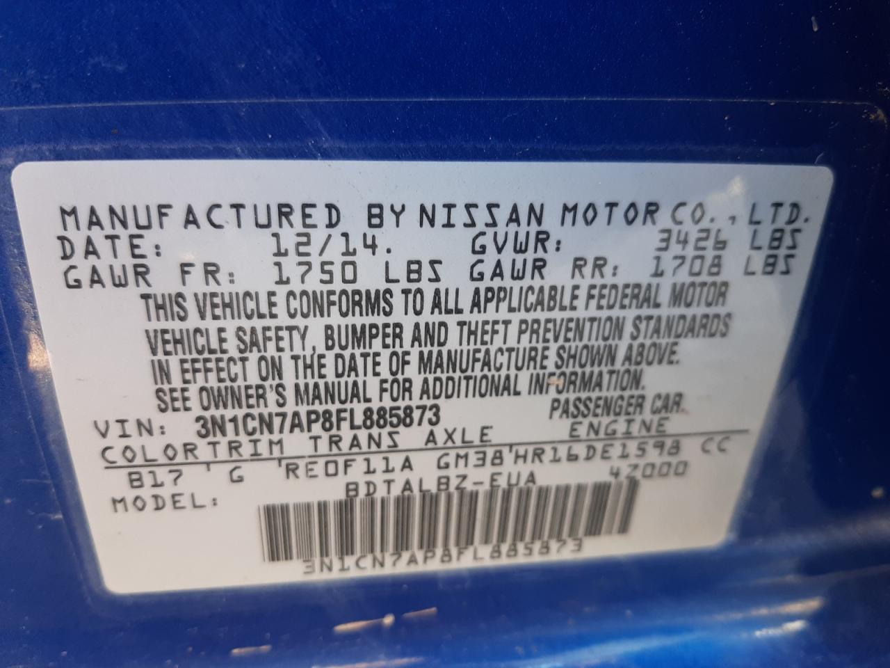 Photo 10 from auction – 2015 NISSAN VERSA S with VIN 3N1CN7AP8FL885873