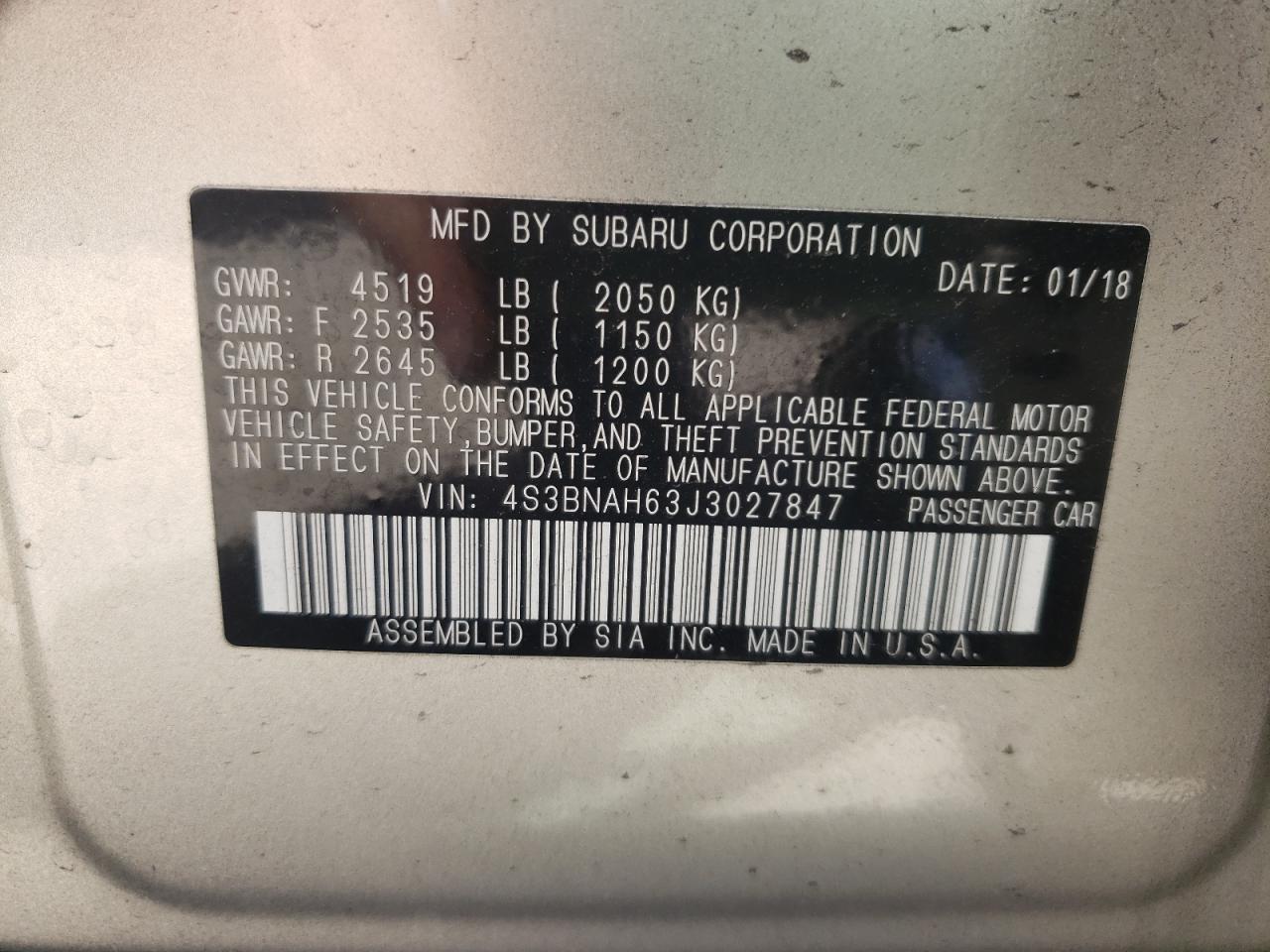 Photo 10 from auction – 2018 SUBARU LEGACY 2.5 with VIN 4S3BNAH63J3027847