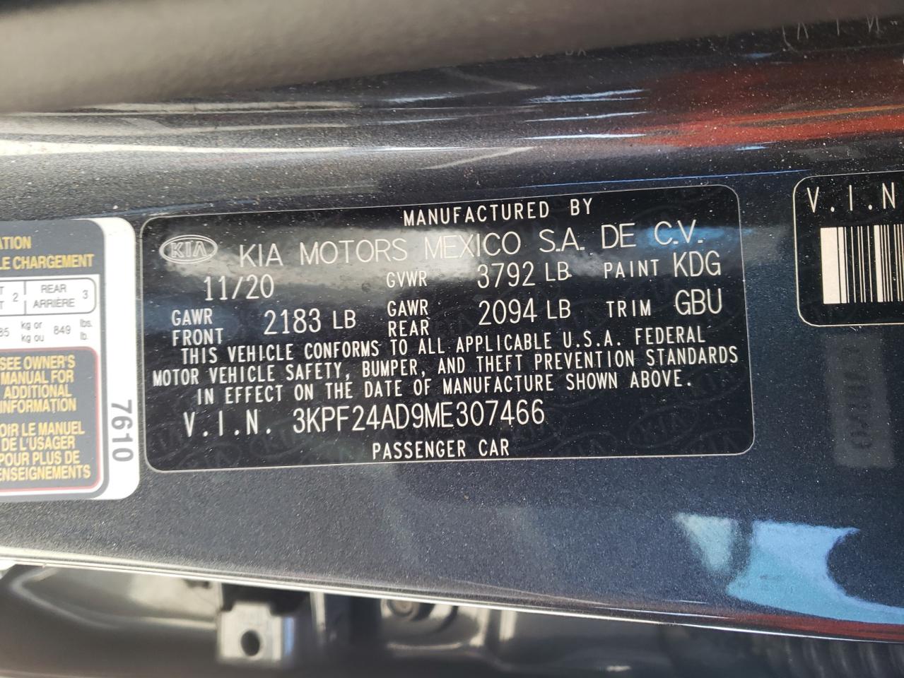 Photo 10 from auction – 2021 KIA FORTE FE with VIN 3KPF24AD9ME307466
