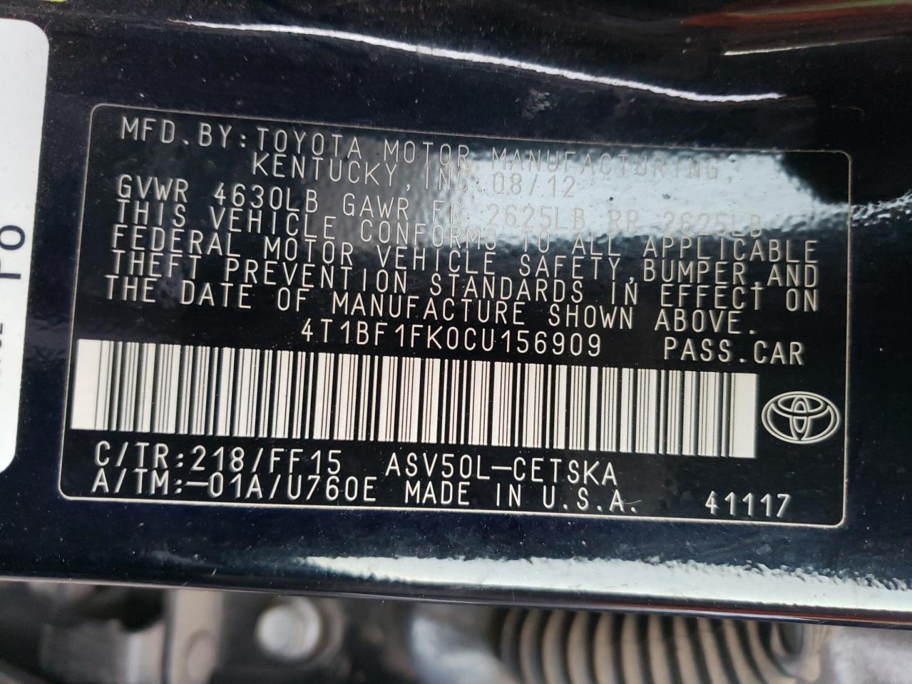 Photo 10 from auction – 2012 TOYOTA CAMRY BASE with VIN 4T1BF1FK0CU156909