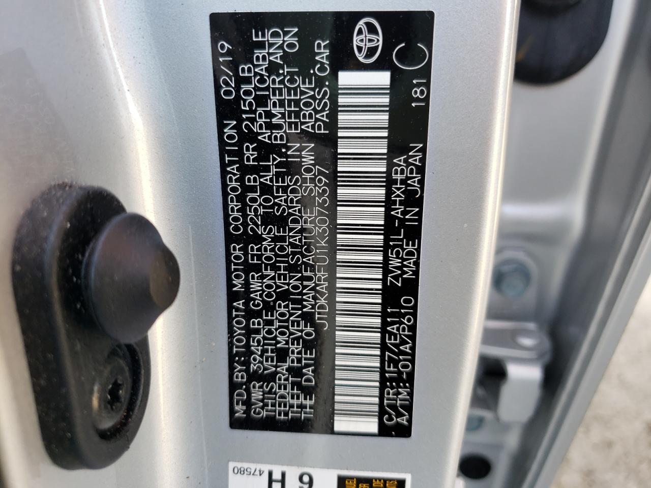 Photo 10 from auction – 2019 TOYOTA PRIUS with VIN JTDKARFU1K3073397