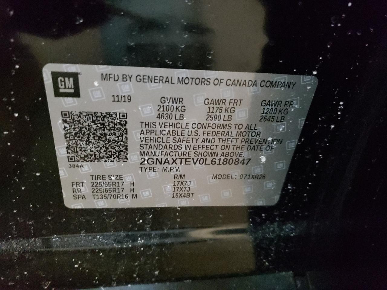Photo 10 from auction – 2020 CHEVROLET EQUINOX LT with VIN 2GNAXTEV0L6180847