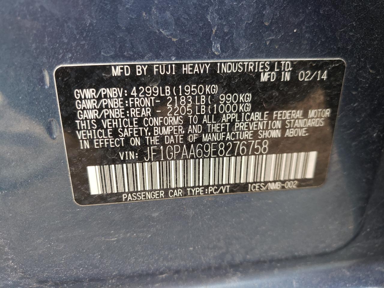 Photo 10 from auction – 2014 SUBARU IMPREZA with VIN JF1GPAA69E8276758