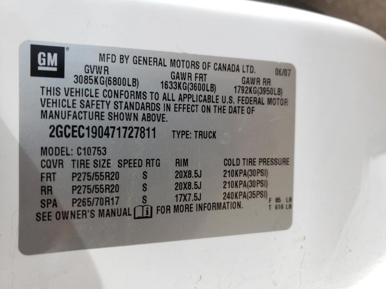 Photo 10 from auction – 2007 CHEVROLET SILVERADO with VIN 2GCEC190471727811