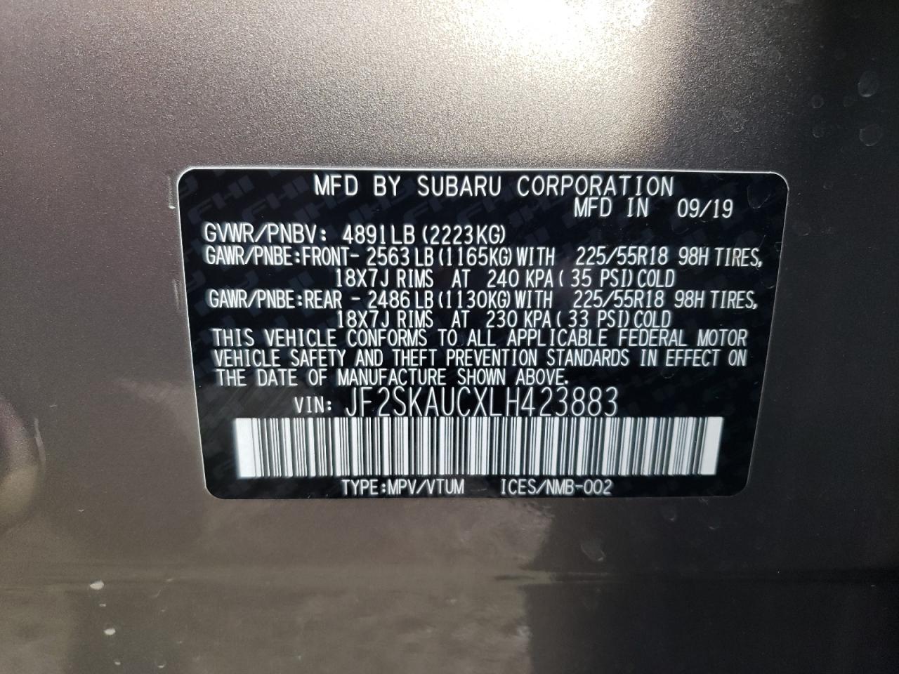 Photo 10 from auction – 2020 SUBARU FORESTER L with VIN JF2SKAUCXLH423883