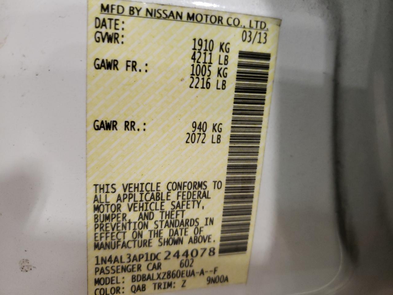 Photo 10 from auction – 2013 NISSAN ALTIMA 2.5 with VIN 1N4AL3AP1DC244078