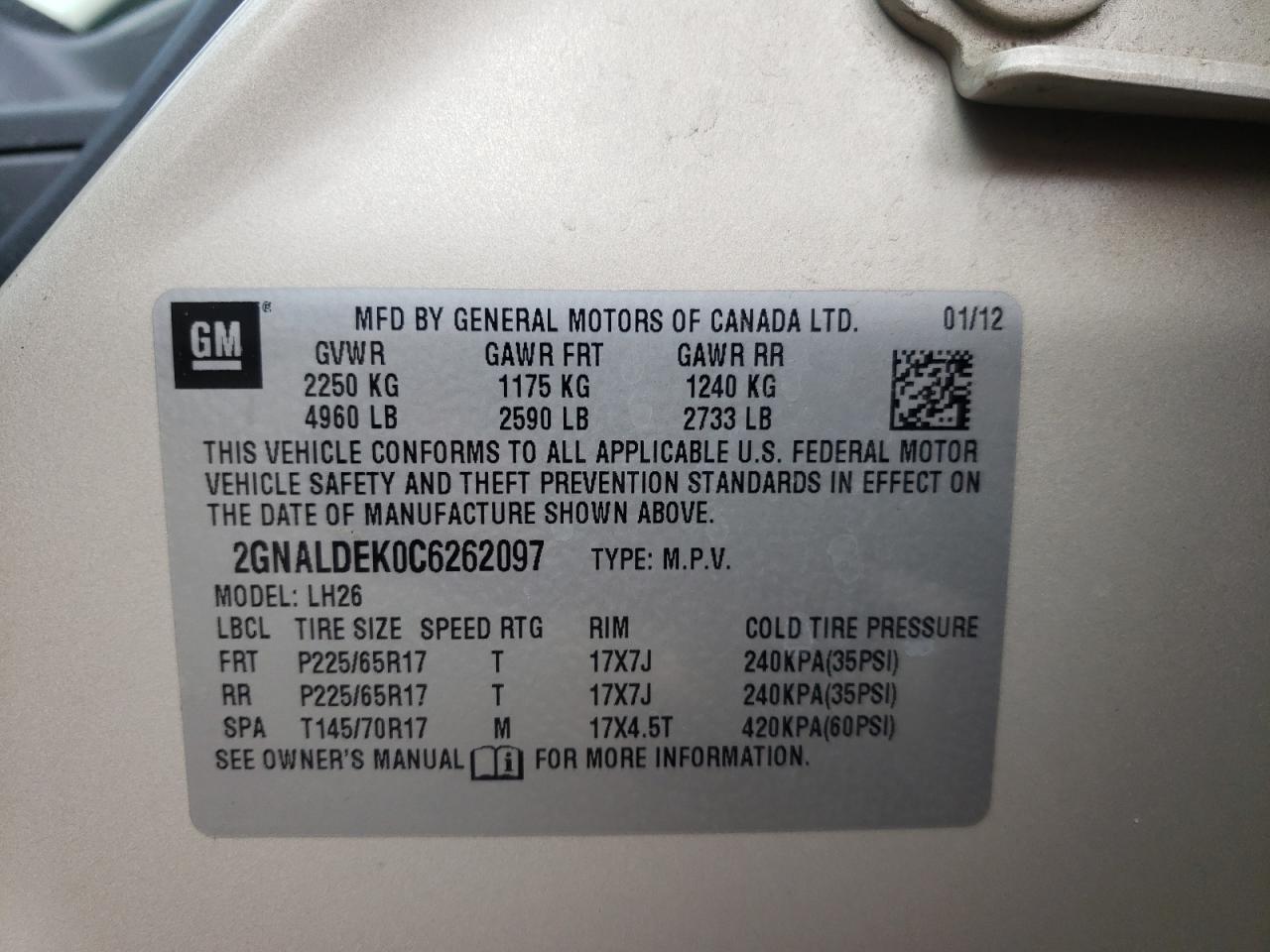 Photo 10 from auction – 2012 CHEVROLET EQUINOX LT with VIN 2GNALDEK0C6262097
