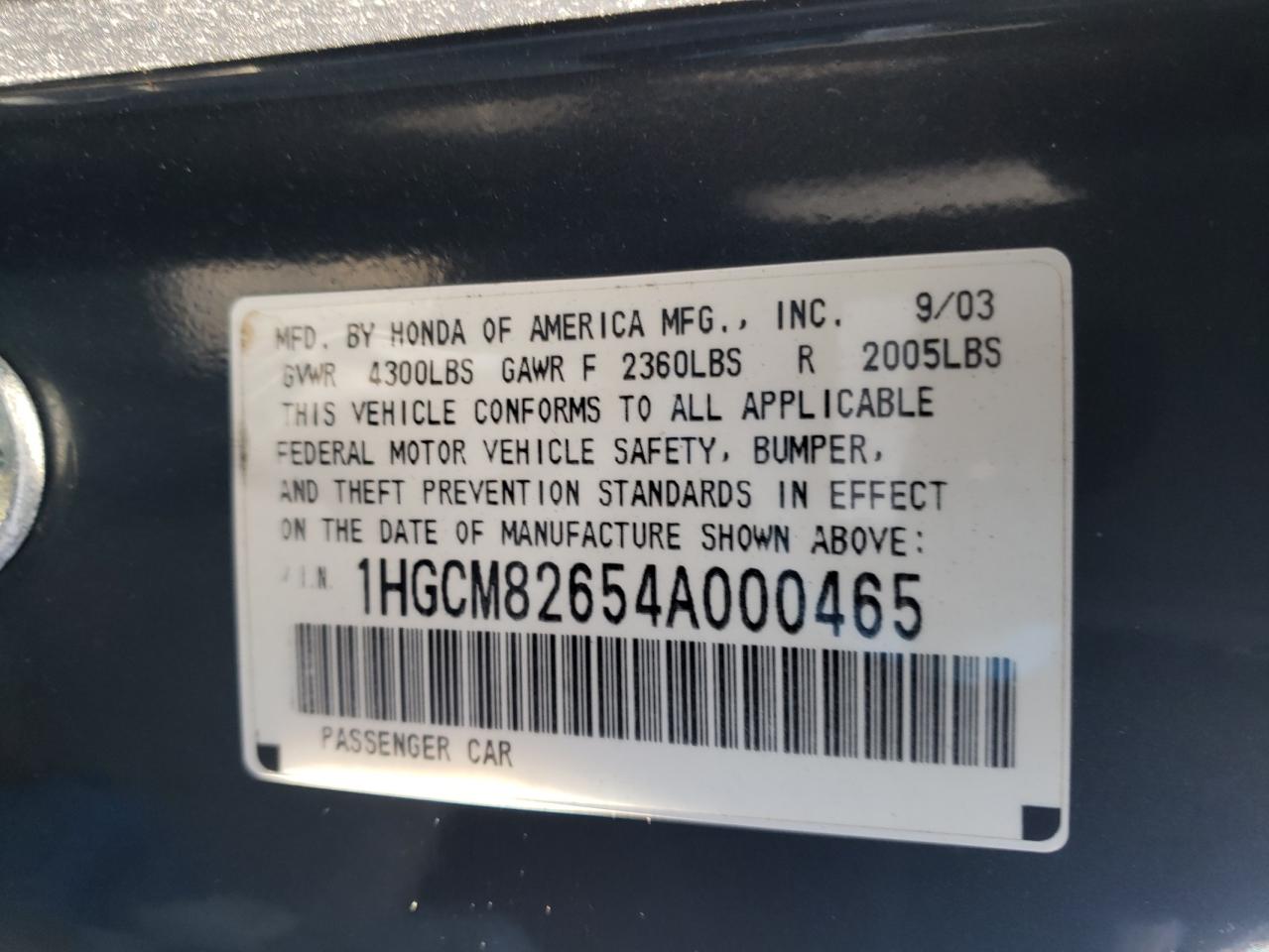 Photo 10 from auction – 2004 HONDA ACCORD with VIN 1HGCM82654A000465
