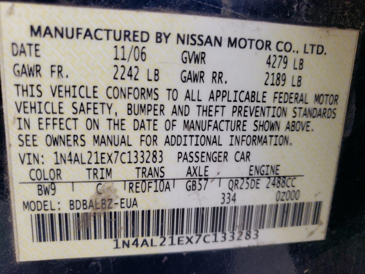Photo 10 from auction – 2007 NISSAN ALTIMA 2.5 with VIN 1N4AL21EX7C133283