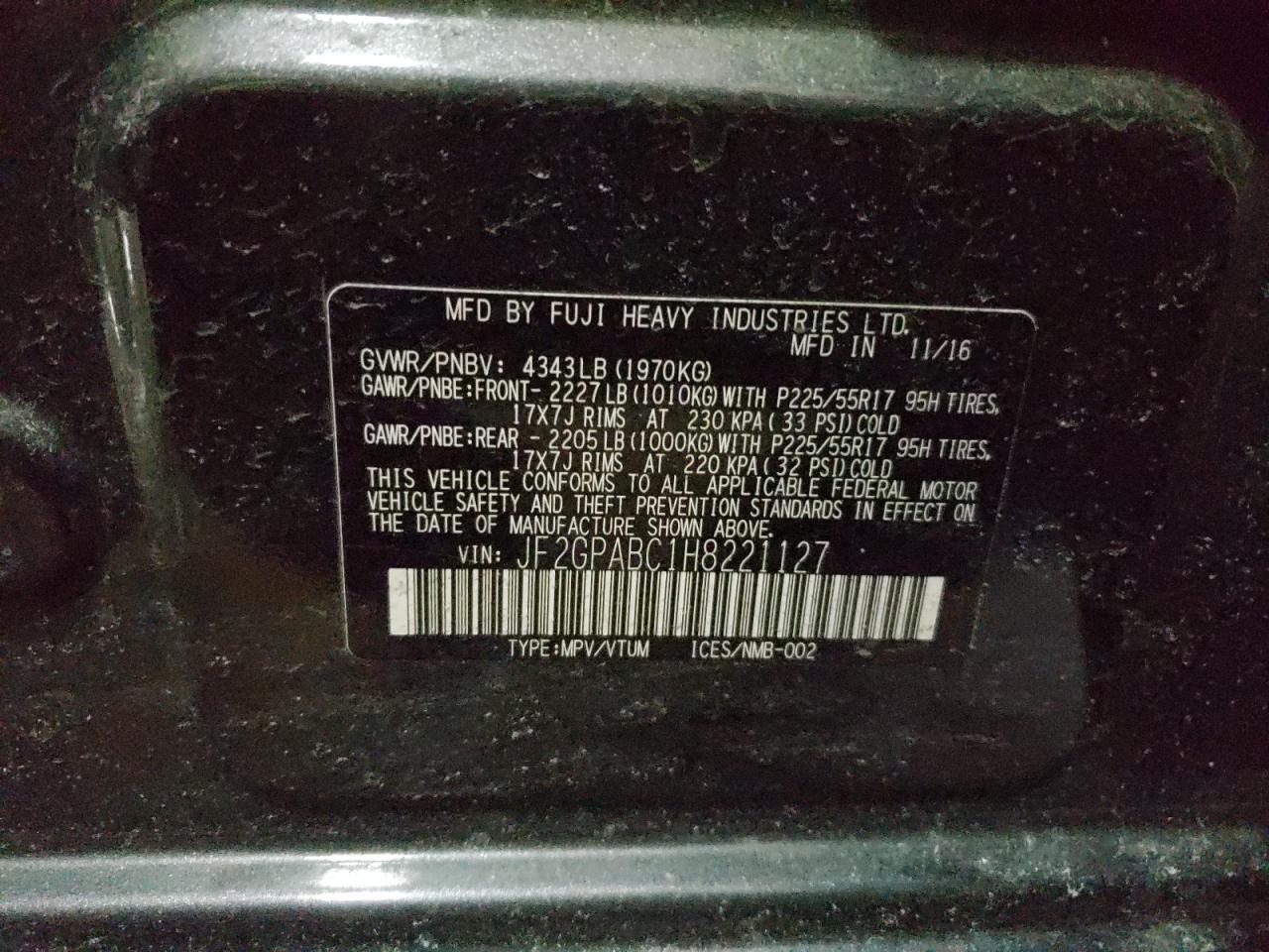 Photo 10 from auction – 2017 SUBARU CROSSTREK with VIN JF2GPABC1H8221127