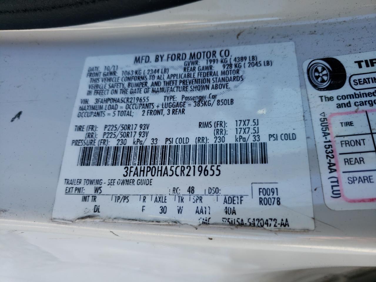 Photo 10 from auction – 2012 FORD FUSION SE with VIN 3FAHP0HA5CR219655