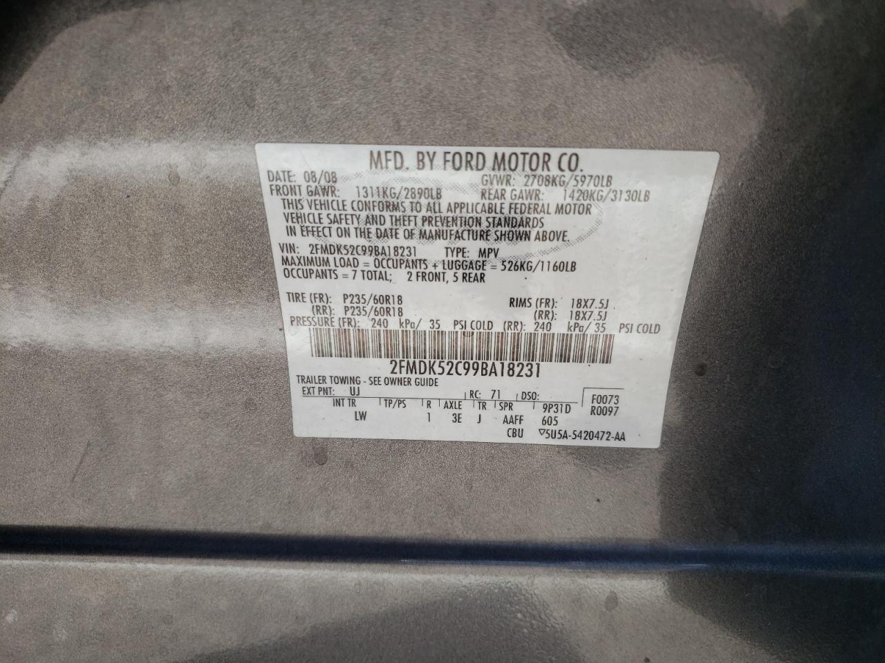 Photo 10 from auction – 2009 FORD FLEX SEL with VIN 2FMDK52C99BA18231