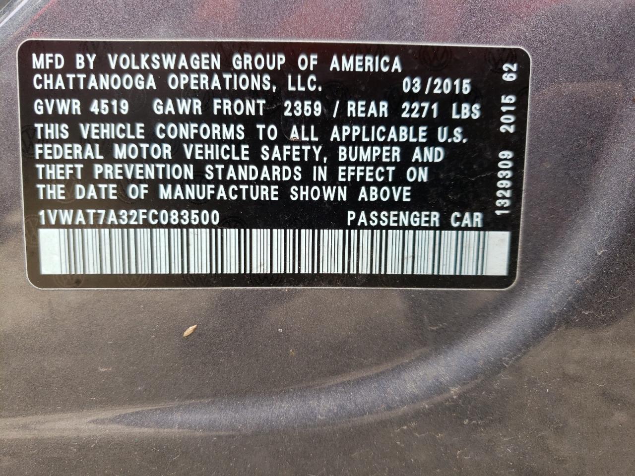 Photo 10 from auction – 2015 VOLKSWAGEN PASSAT S with VIN 1VWAT7A32FC083500