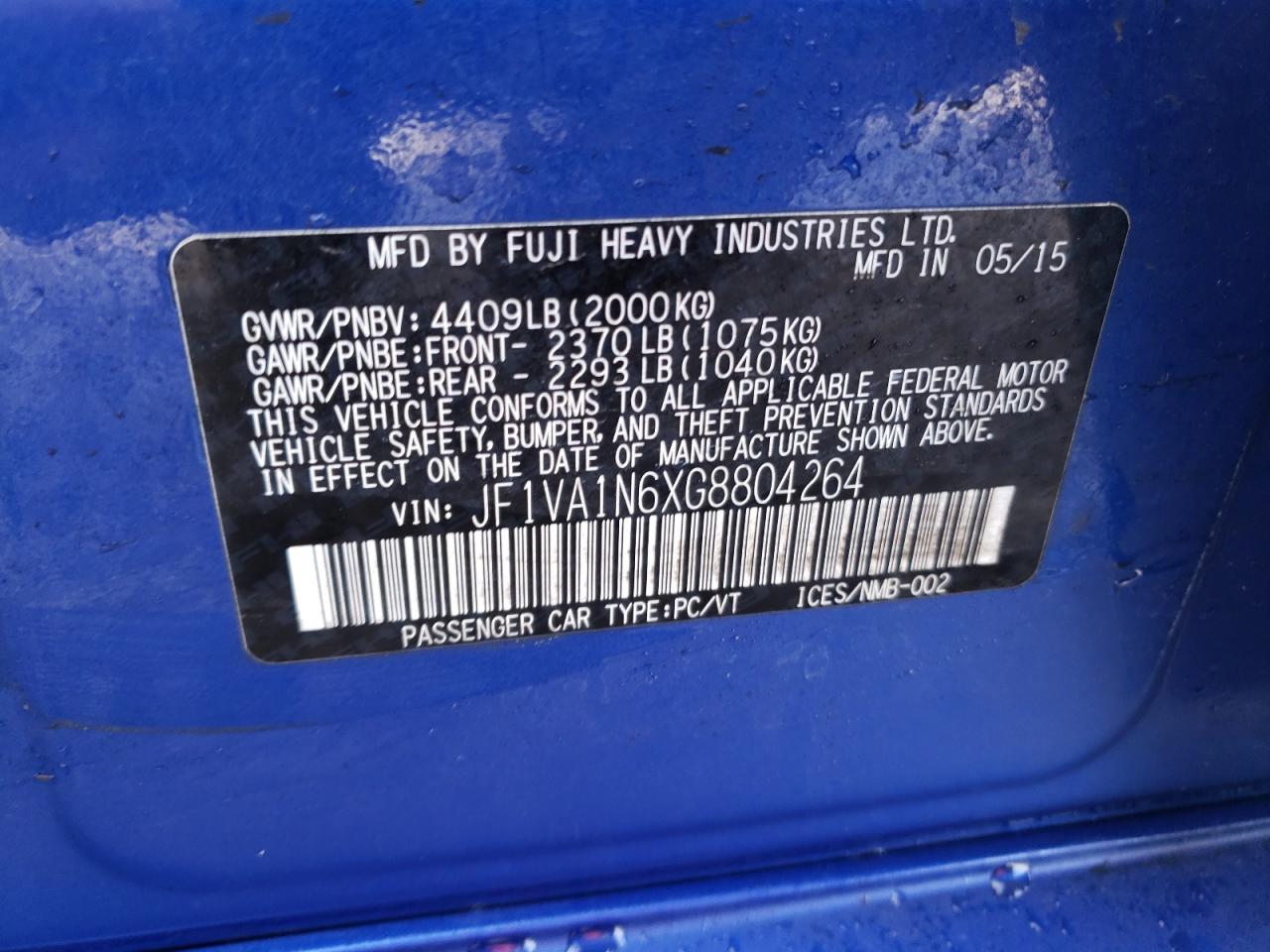 Photo 10 from auction – 2016 SUBARU WRX LIMITE with VIN JF1VA1N6XG8804264