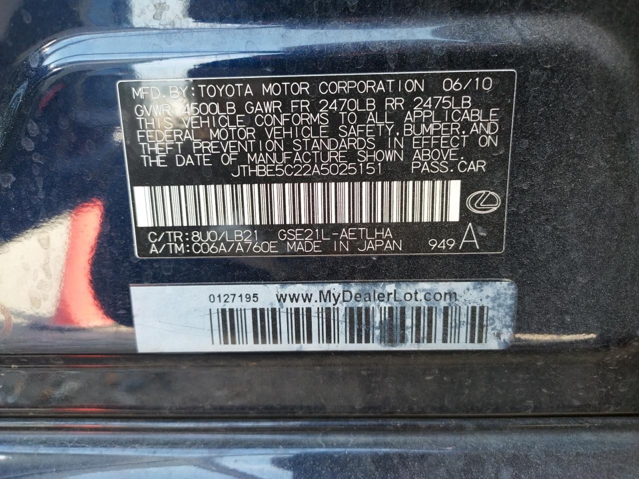 Photo 10 from auction – 2010 LEXUS IS 350 with VIN JTHBE5C22A5025151