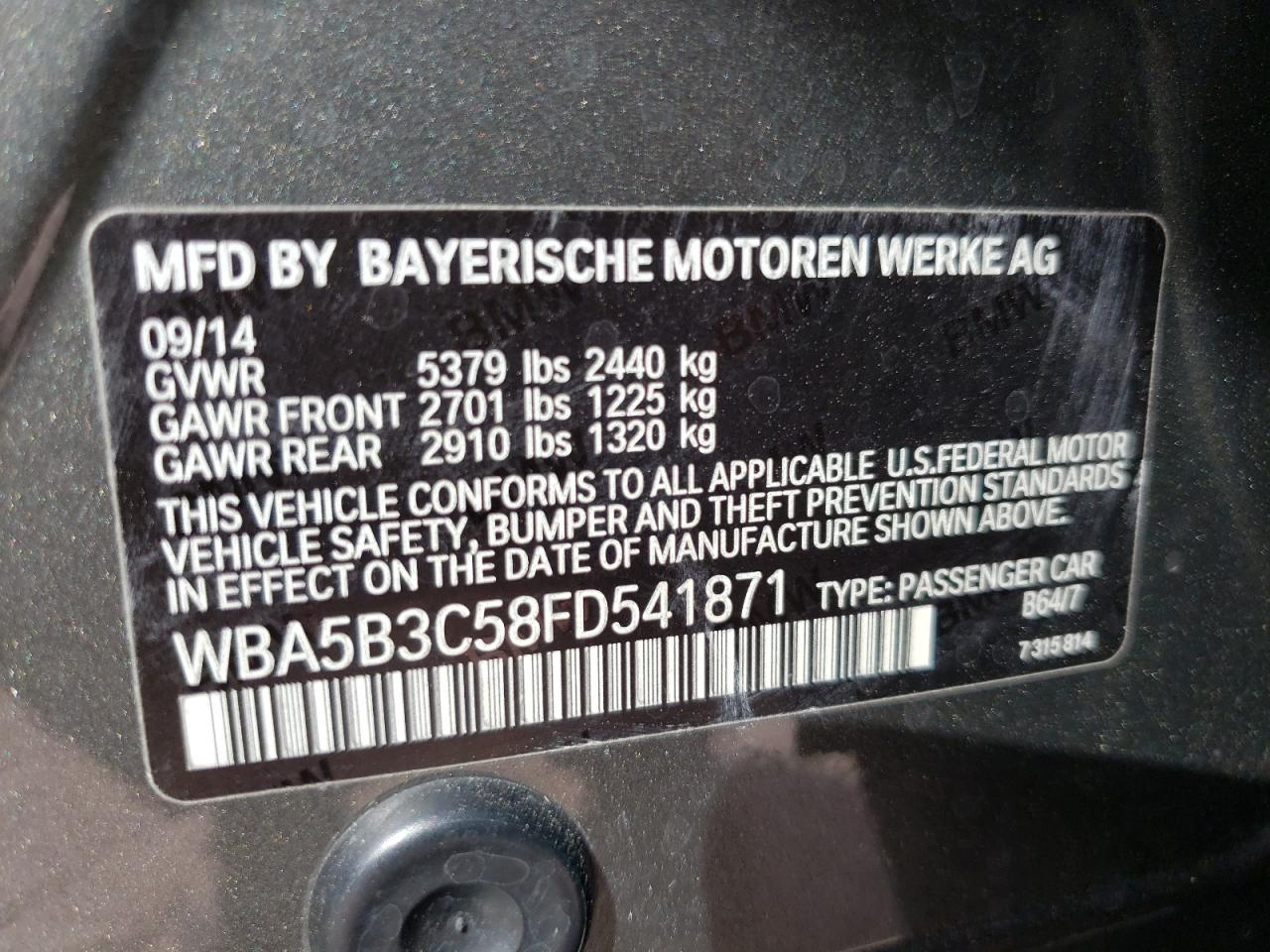 Photo 10 from auction – 2015 BMW 535 XI with VIN WBA5B3C58FD541871