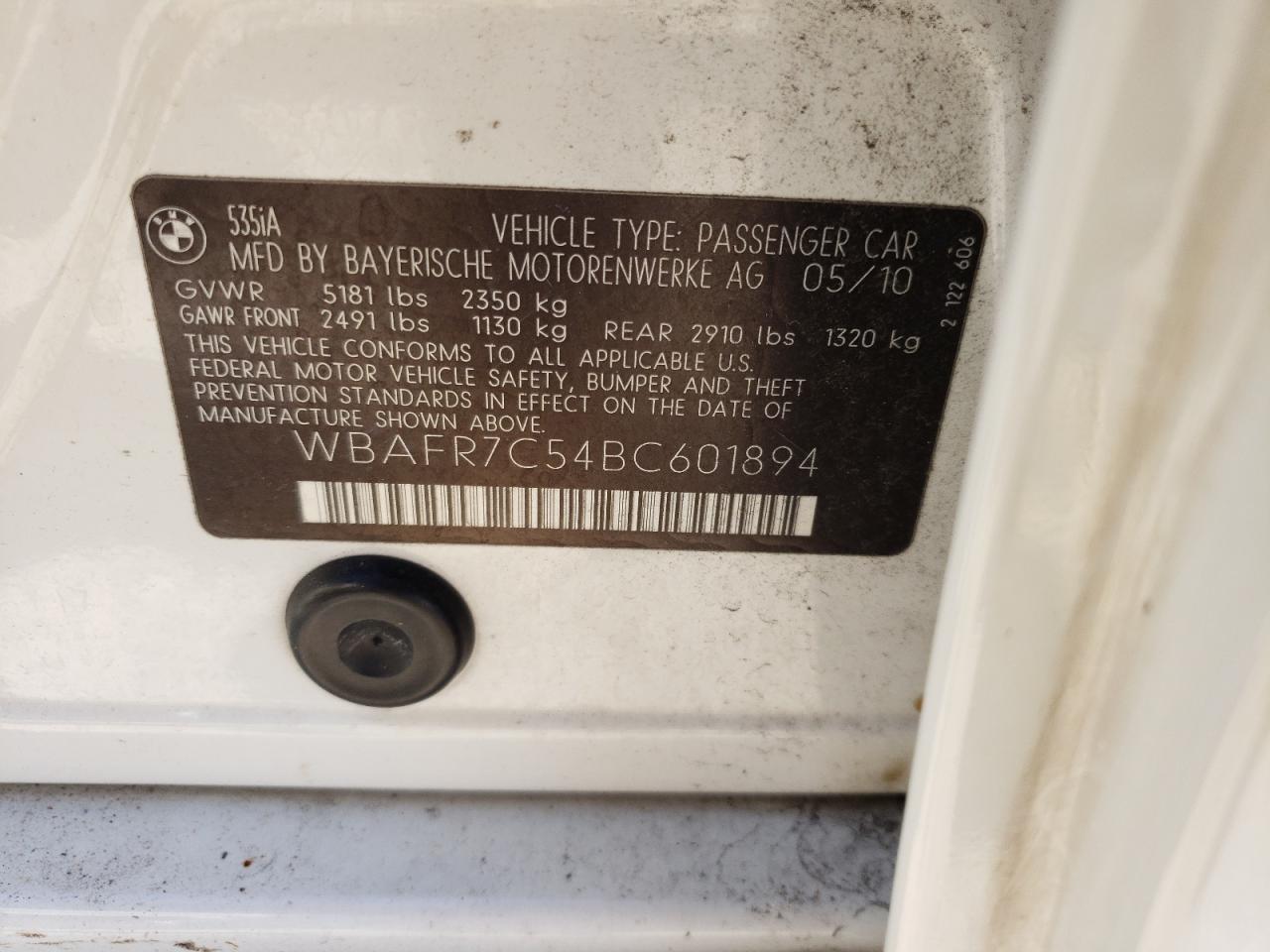 Photo 10 from auction – 2011 BMW 535 I with VIN WBAFR7C54BC601894