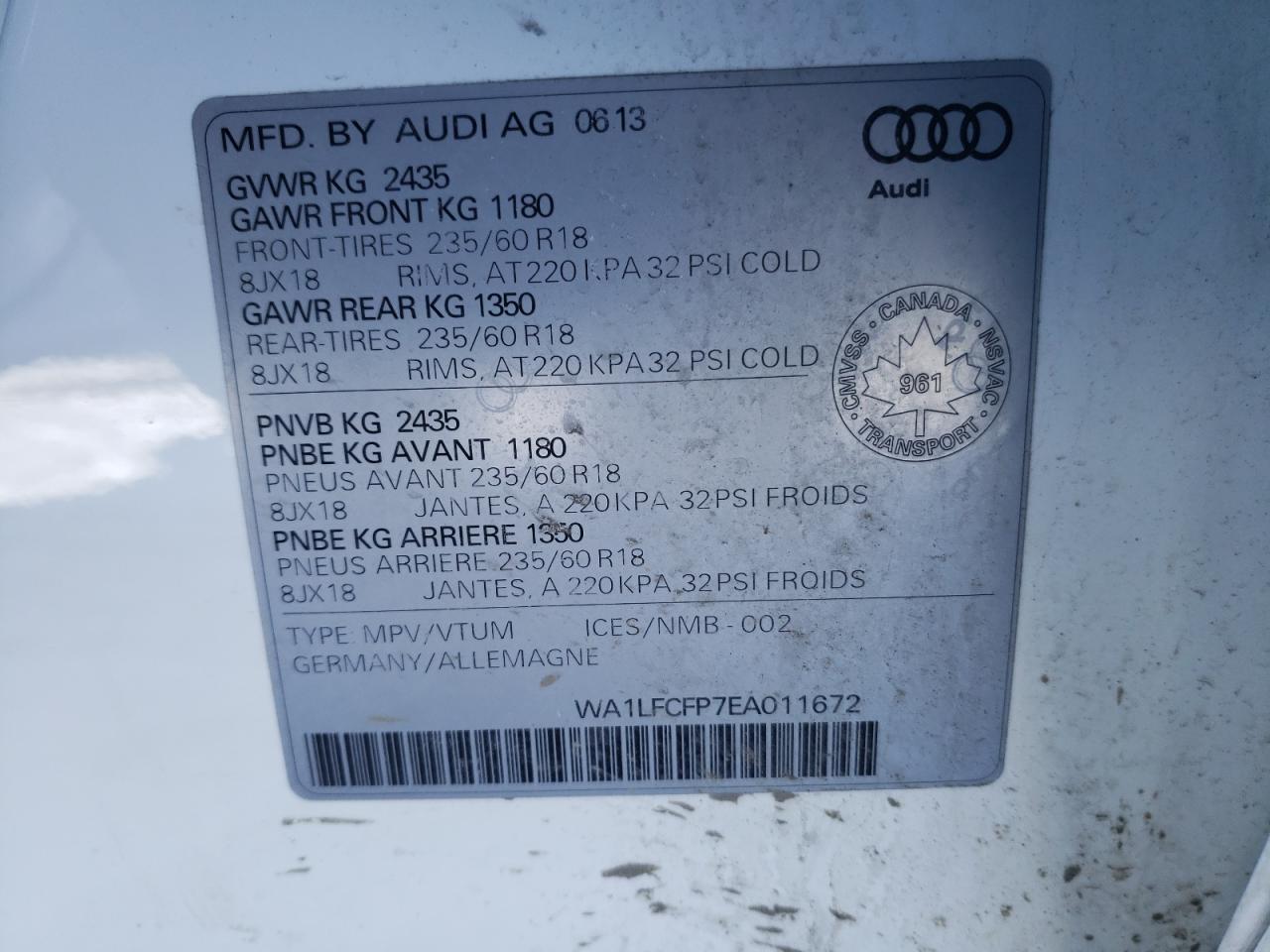 Photo 11 from auction – 2014 AUDI Q5 PREMIUM with VIN WA1LFCFP7EA011672