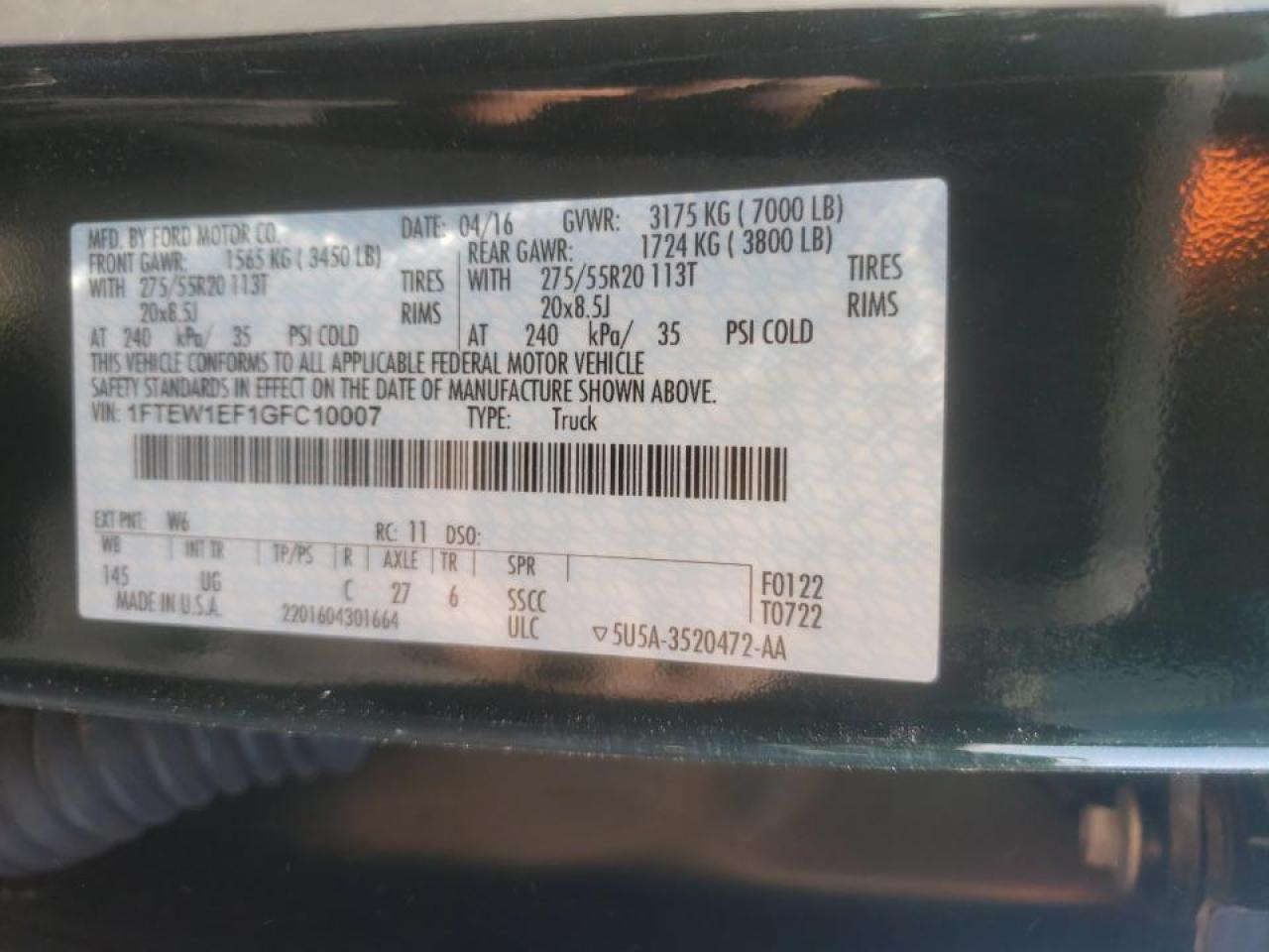 Photo 10 from auction – 2016 FORD F150 SUPER with VIN 1FTEW1EF1GFC10007