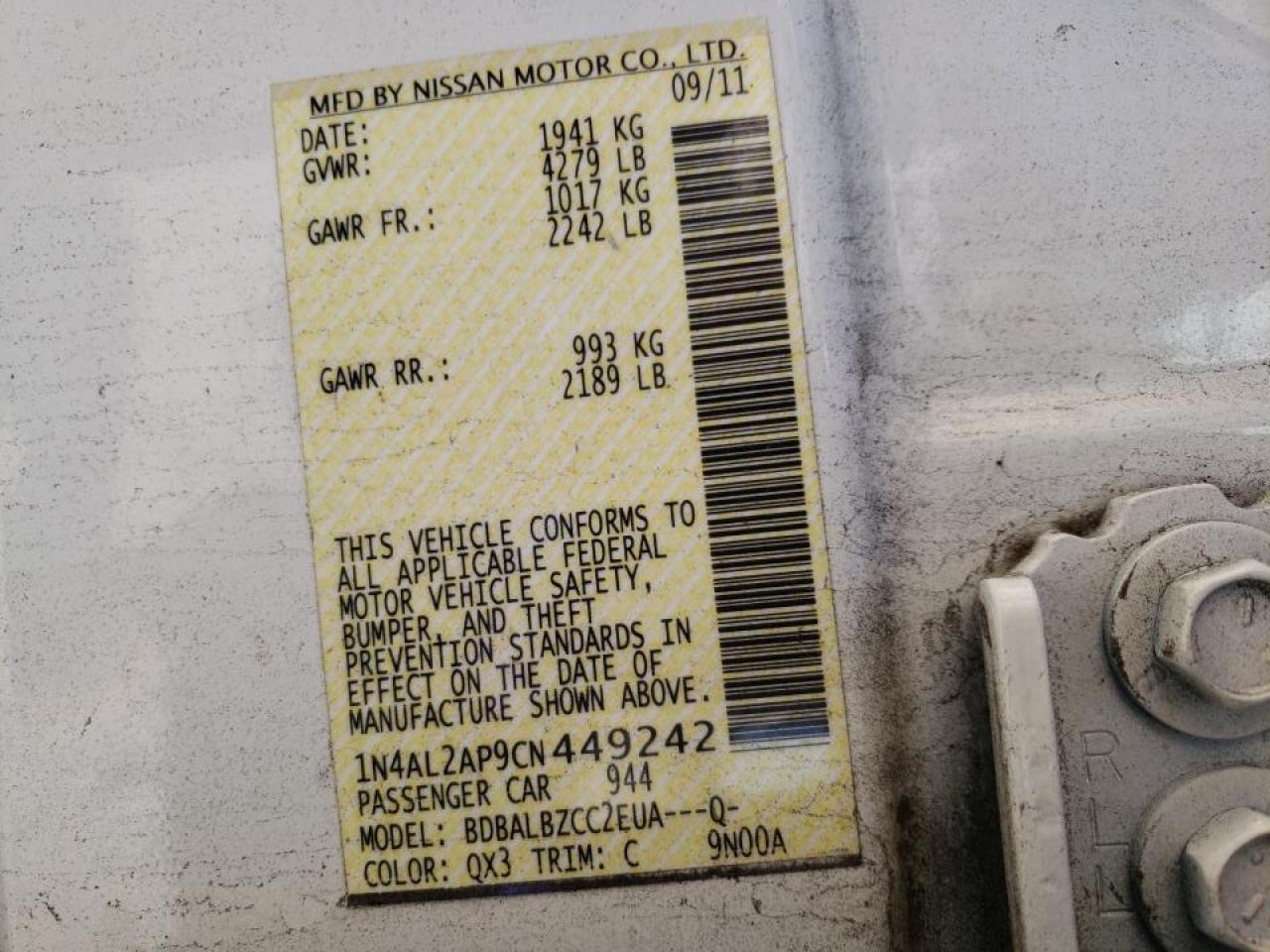 Photo 10 from auction – 2012 NISSAN ALTIMA BAS with VIN 1N4AL2AP9CN449242