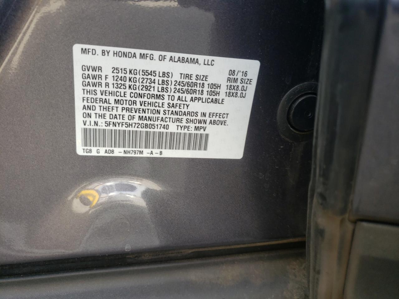 Photo 10 from auction – 2016 HONDA PILOT EXLN with VIN 5FNYF5H72GB051740
