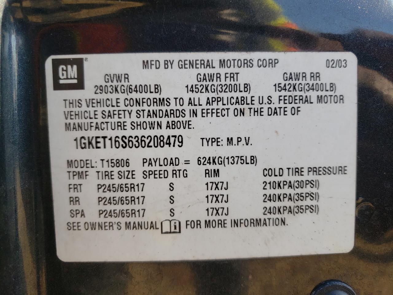 Photo 10 from auction – 2003 GMC ENVOY XL with VIN 1GKET16S636208479