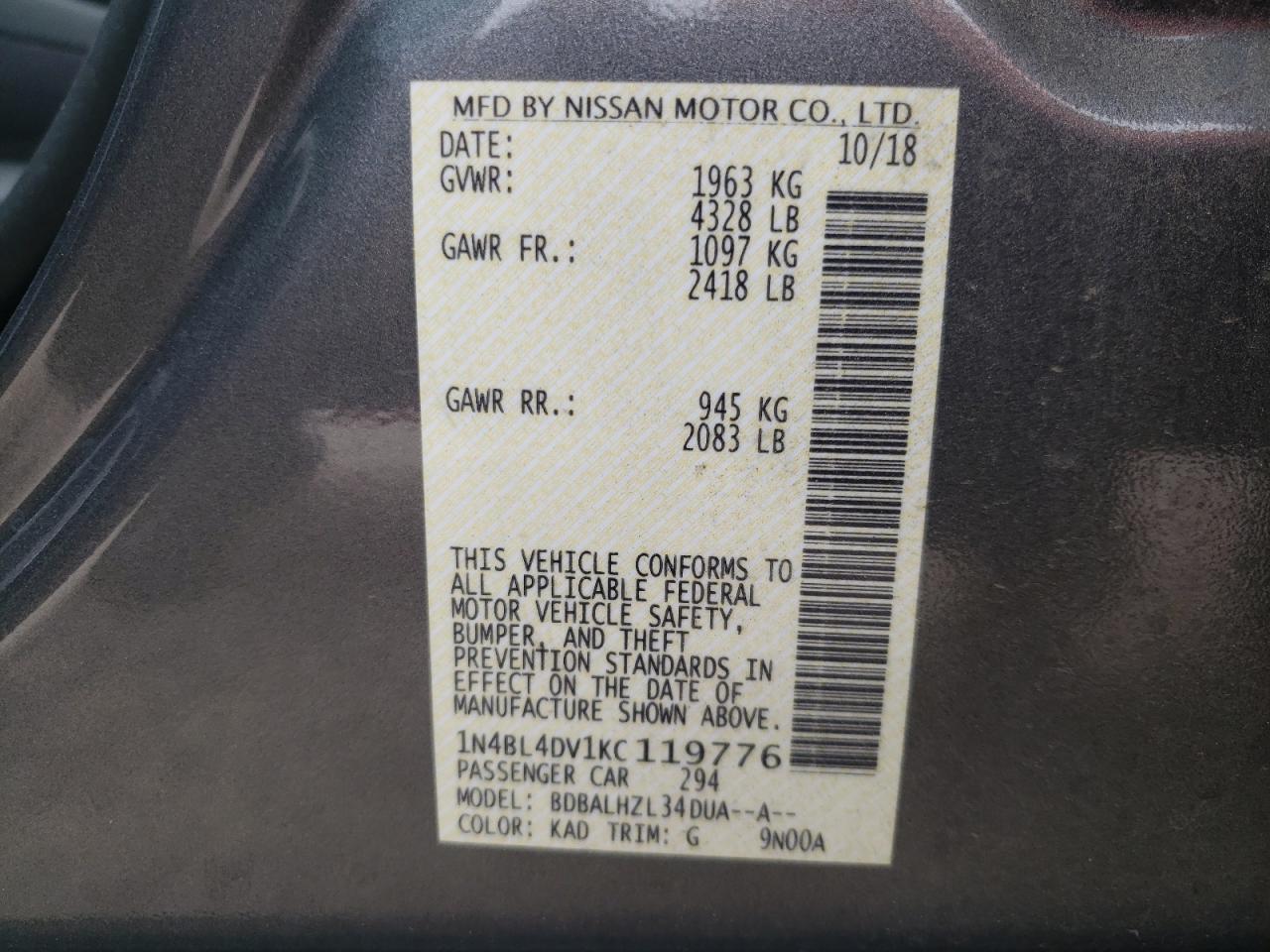 Photo 10 from auction – 2019 NISSAN ALTIMA SV with VIN 1N4BL4DV1KC119776
