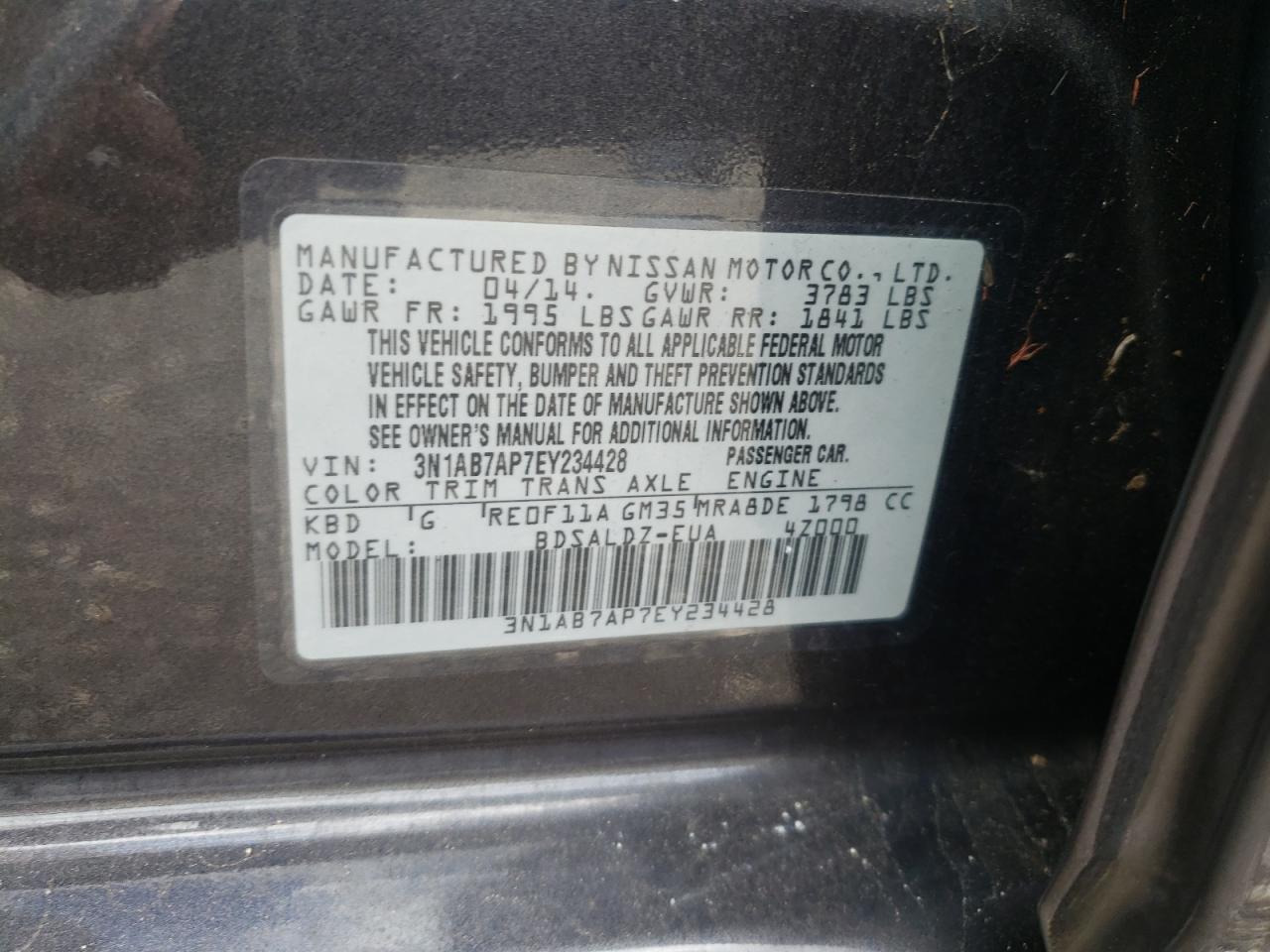 Photo 10 from auction – 2014 NISSAN SENTRA S with VIN 3N1AB7AP7EY234428