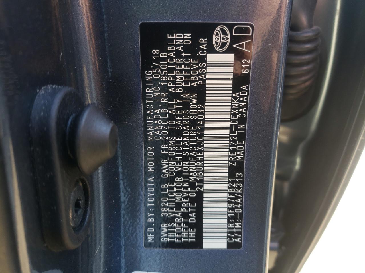 Photo 10 from auction – 2018 TOYOTA COROLLA L with VIN 2T1BURHEXJC114032