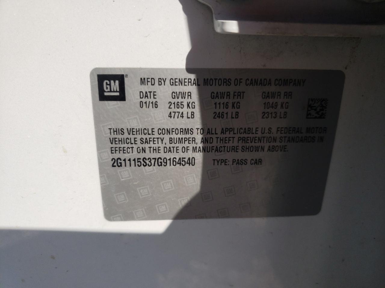 Photo 10 from auction – 2016 CHEVROLET IMPALA LT with VIN 2G1115S37G9164540