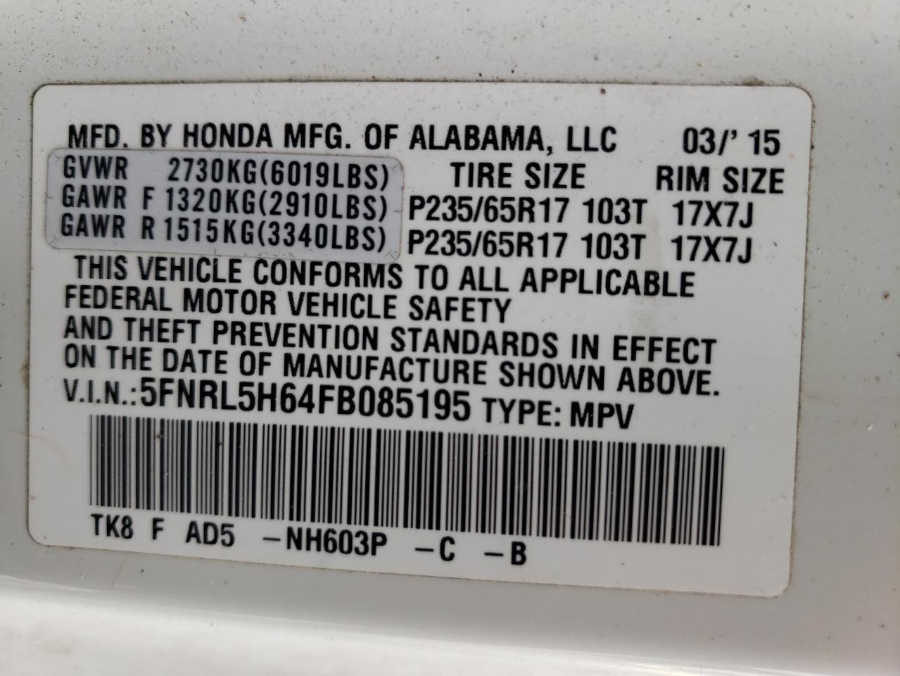 Photo 10 from auction – 2015 HONDA ODYSSEY EX with VIN 5FNRL5H64FB085195