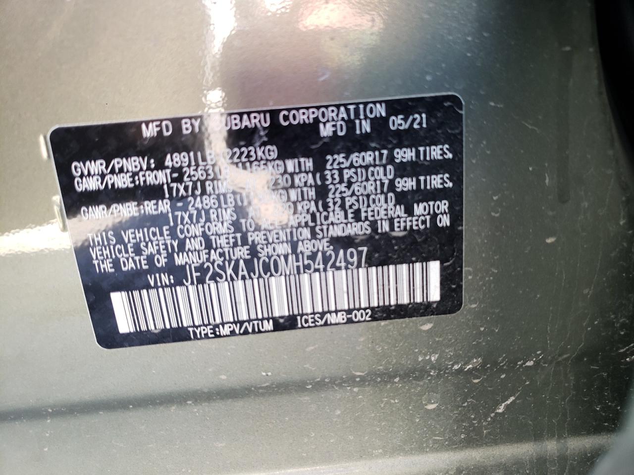 Photo 10 from auction – 2021 SUBARU FORESTER P with VIN JF2SKAJC0MH542497