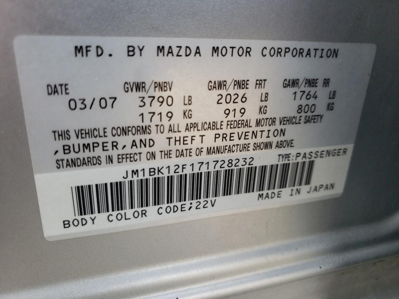 Photo 10 from auction – 2007 MAZDA 3 I with VIN JM1BK12F171728232